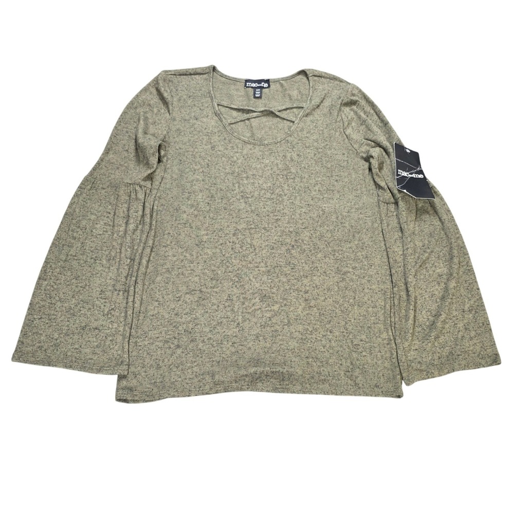 Mac‎ and Me Knit Top Women's Size M Olive Green Bell Sleeve Crisscross Neck NEW
